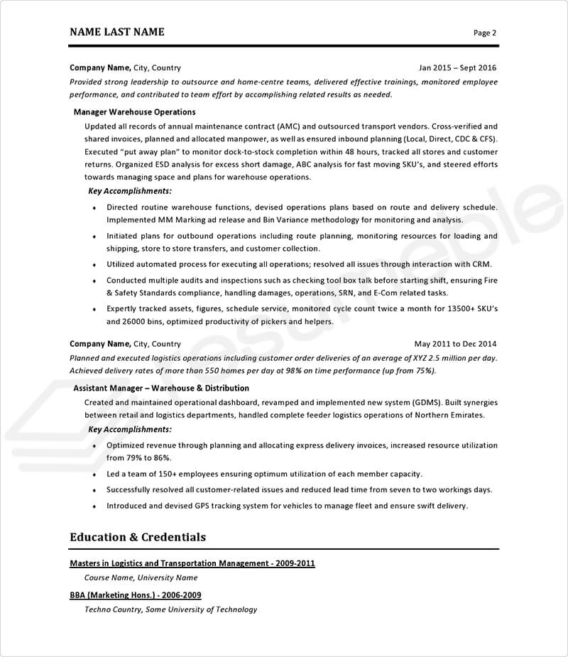 Sample Resumes for Logistics