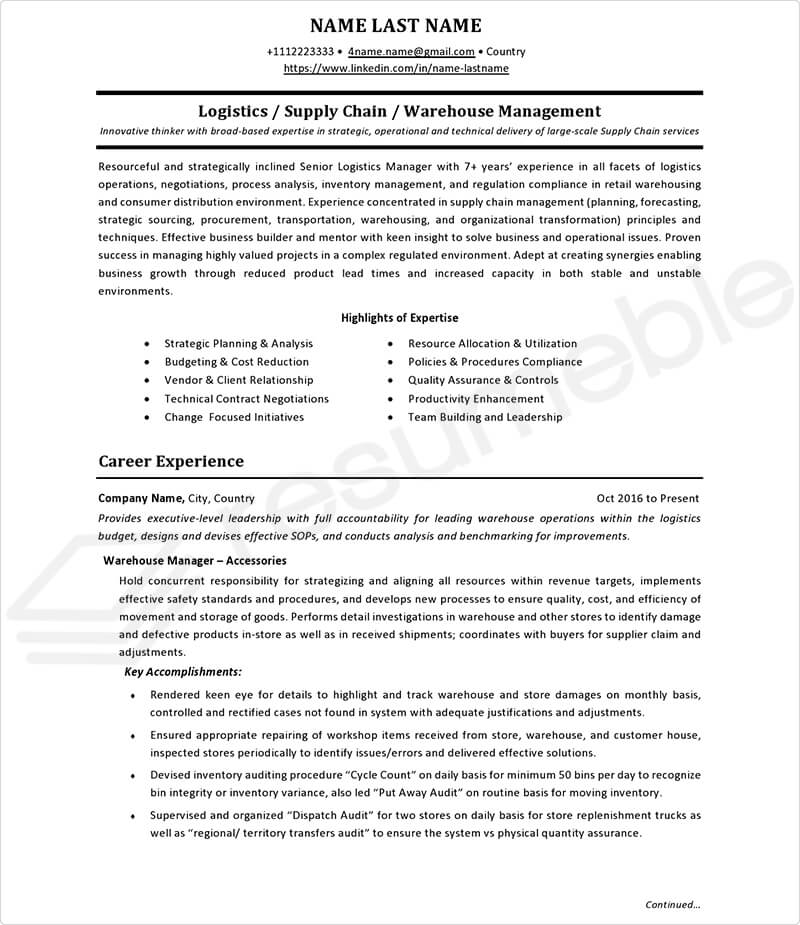 Sample Resumes for Logistics